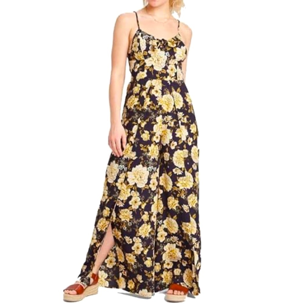 Xhilaration Black and Yellow Slit Maxi Jumpsuit